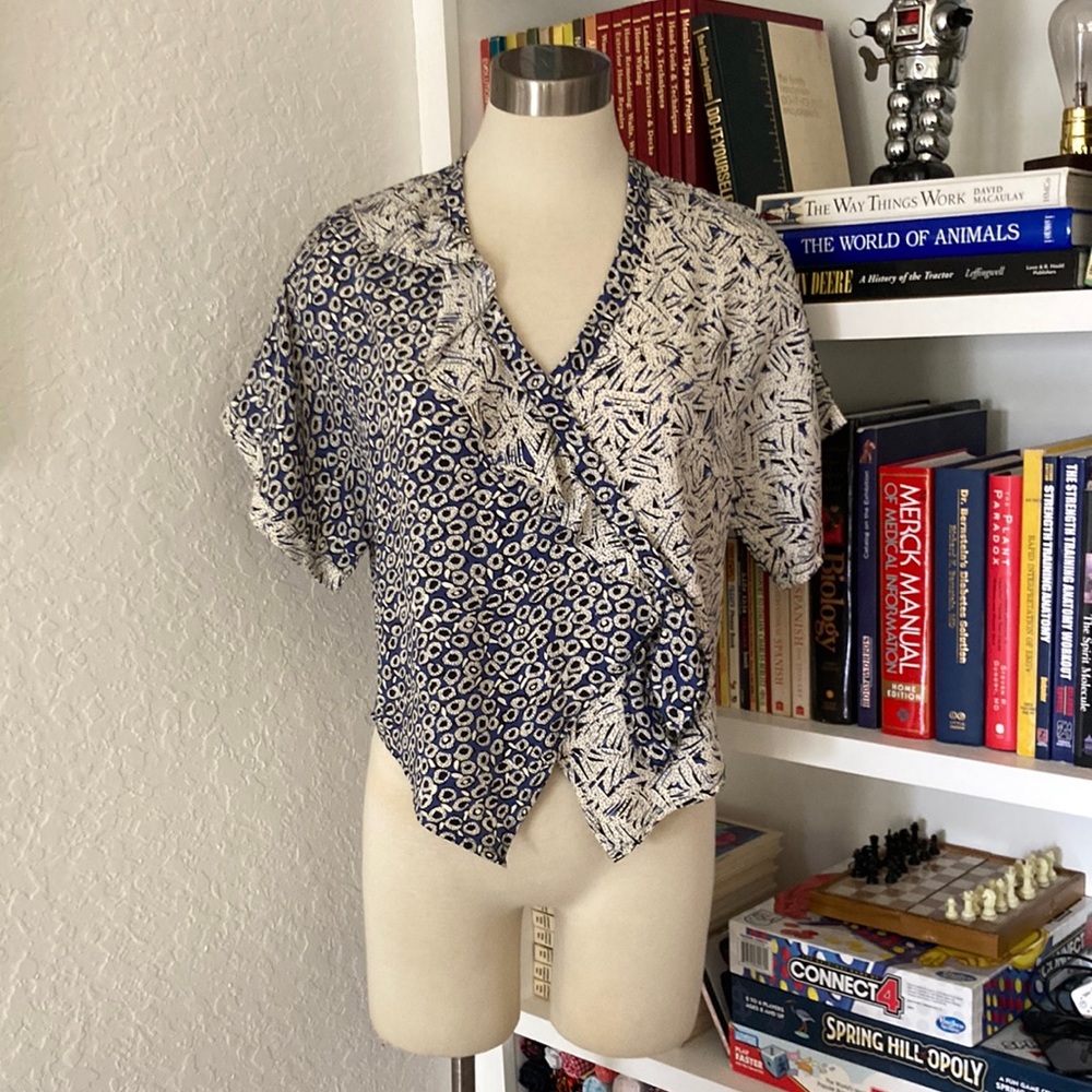Vintage 80s Navy and White Patterned Wrap Blouse